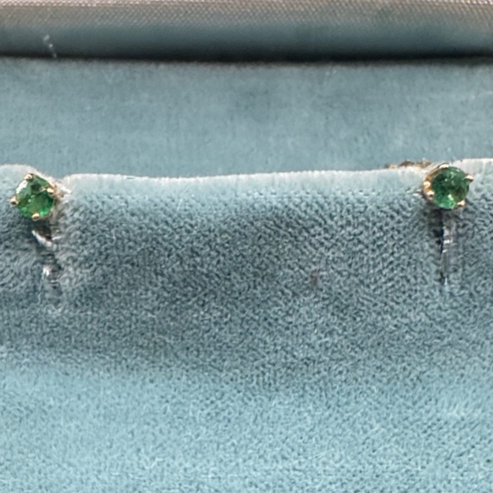 Estate 14k Gold and Green Emeralds Stud Earrings - Picture 2 of 3